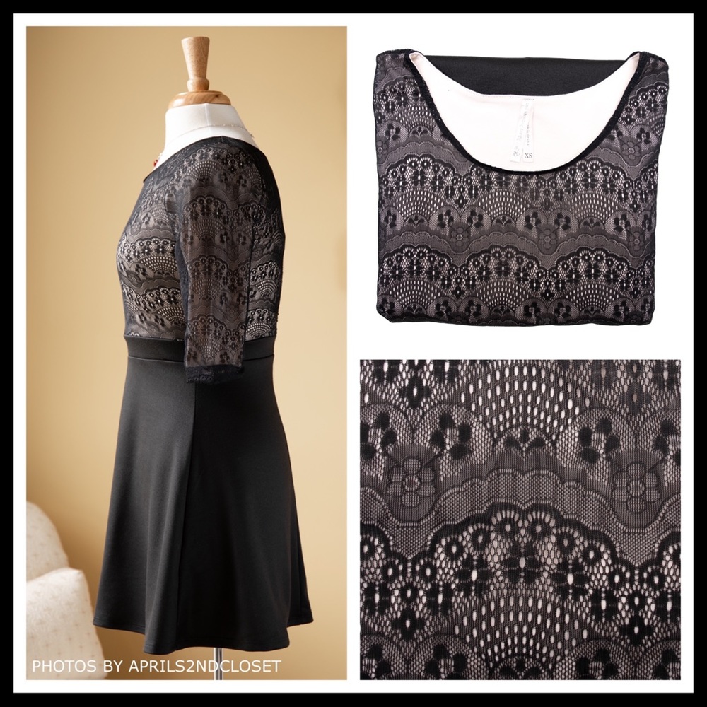 BLACK A-LINE LACE KNIT SHIFT SKATER BABYDOLL 80S RETRO MINI DRESS - Picture 6 of 8